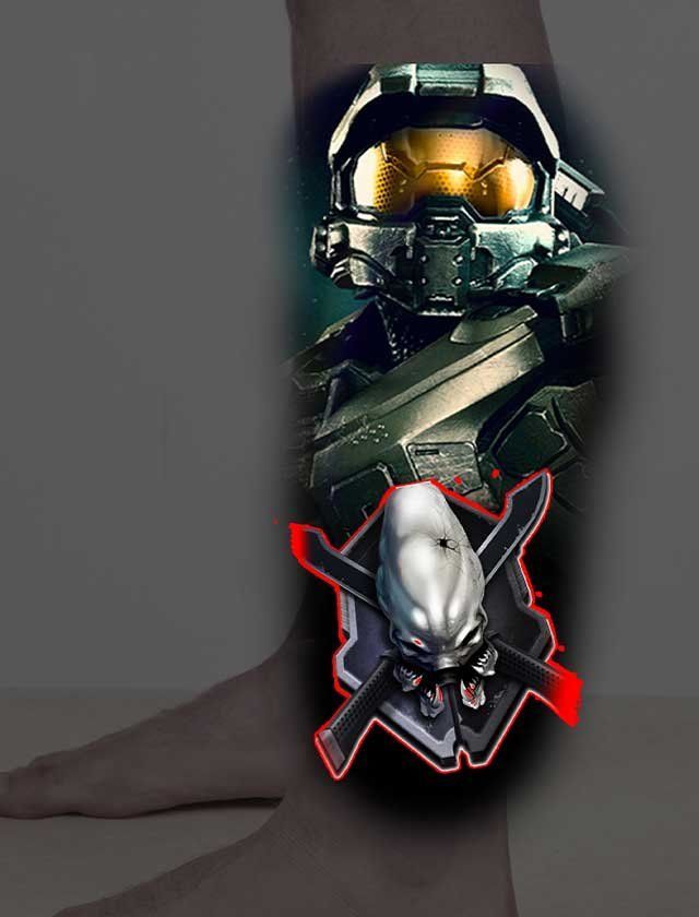 A tattoo of a man with a helmet on his head