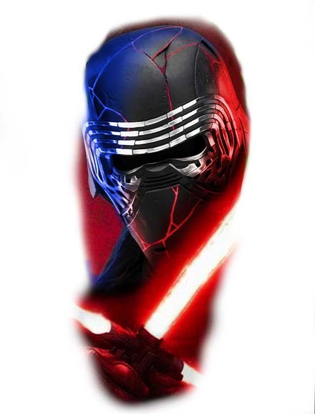 Kylo ren from star wars is wearing a helmet and holding a red light saber.