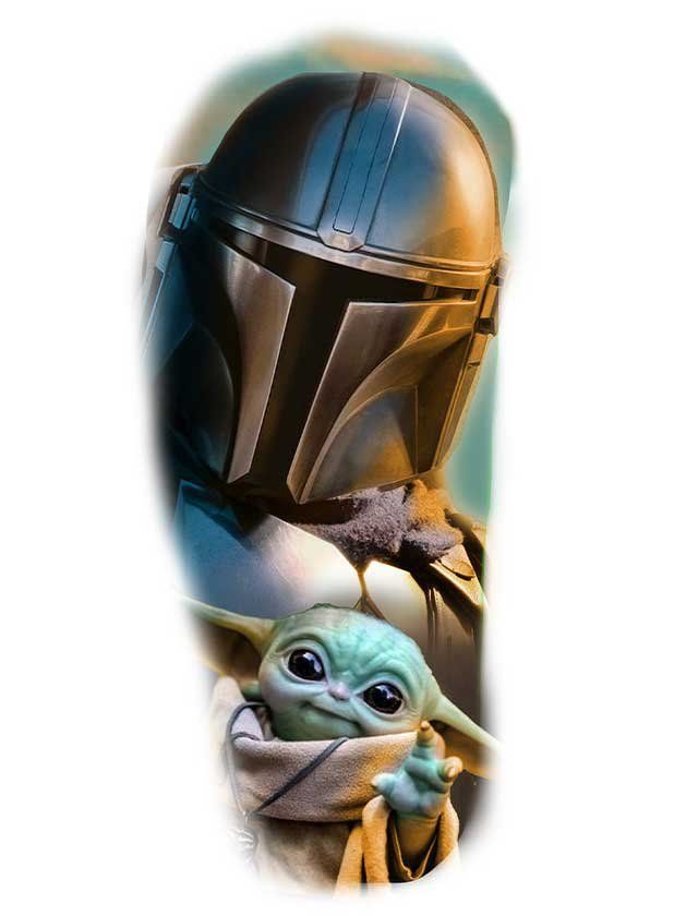 A tattoo of a man in a helmet holding a baby yoda.