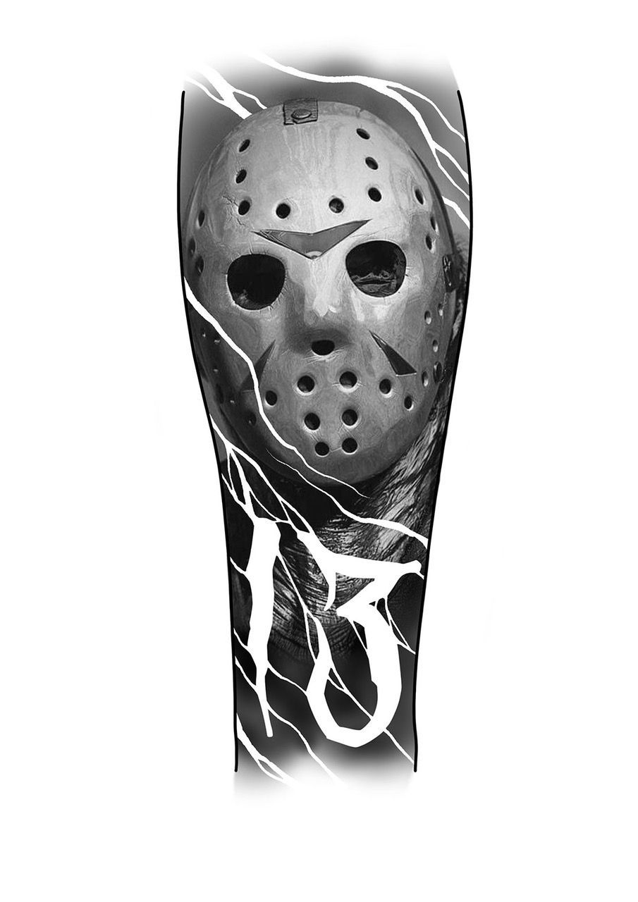 Black-and-white hockey mask with lightning-like streaks on a dark vertical shape