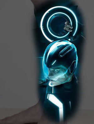 A tattoo of a man with a helmet on his head.