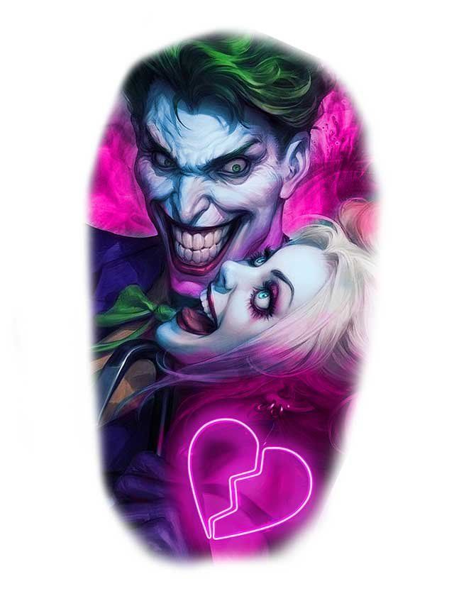 A tattoo of the joker and harley quinn with a broken heart in the background.