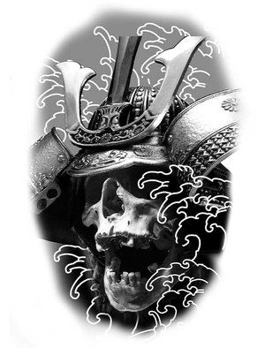 A black and white drawing of a samurai skull wearing a helmet.