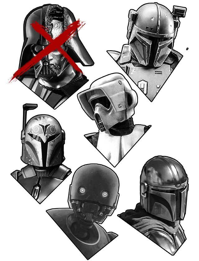 A collection of star wars characters with a darth vader crossed out