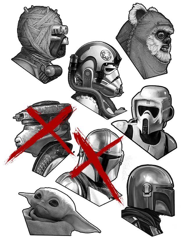 A black and white drawing of various star wars characters with red crosses.