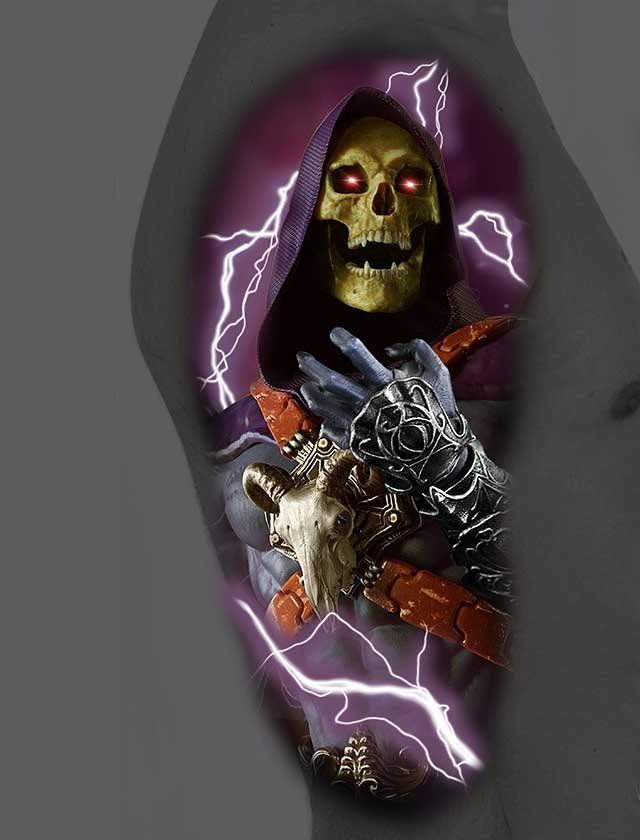 A tattoo of a skeletor from he man and the masters of the universe with lightning behind him.
