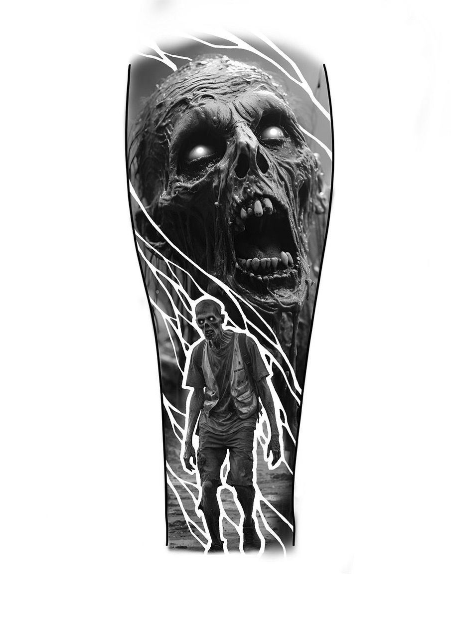 Grayscale horror illustration of a screaming zombie face with a small figure below, framed by jagged lightning-like lines