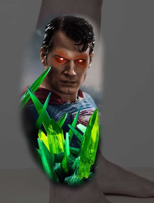 A tattoo of superman with red eyes and green crystals