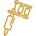 A line drawing of a tattoo machine on a white background.